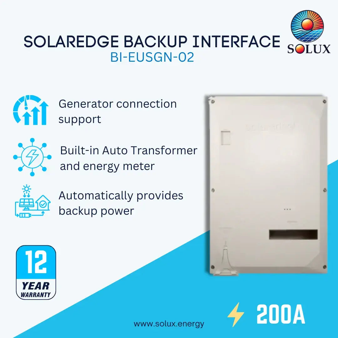 This is an image of solaredge backup interface 200A, ATX load side connection, built in auto transformer and energy meter